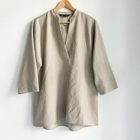 Zara  Beige Minimalist simple V Neck Quarter Sleeve Top Oversized S - Picture 2 of 6